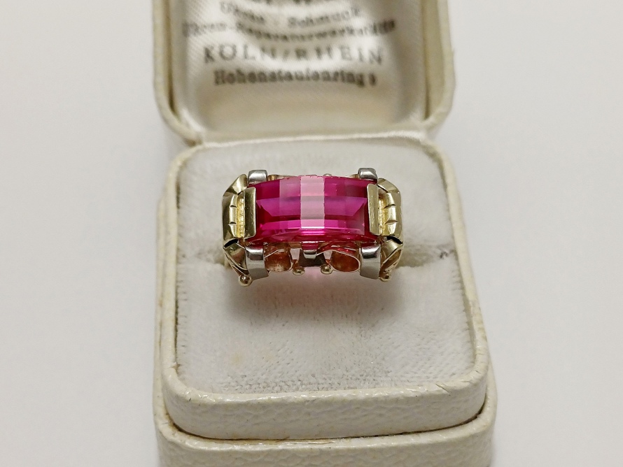 zlatý dámský prsten s rubínem, Au 585/1000, 14 kt, Art Deco, I.ČSR