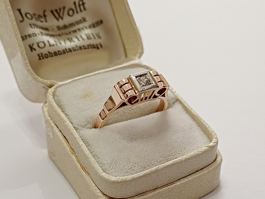 zlatý dámský prsten s diamantem, Art Deco, Au 585/1000, 14 kt, Vídeň