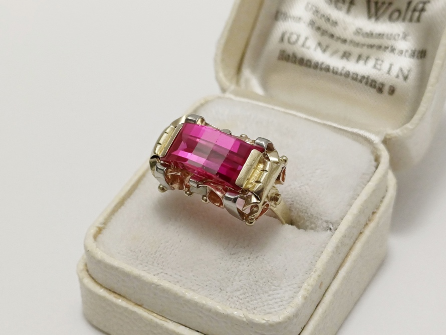 zlatý dámský prsten s rubínem, Au 585/1000, 14 kt, Art Deco, I.ČSR