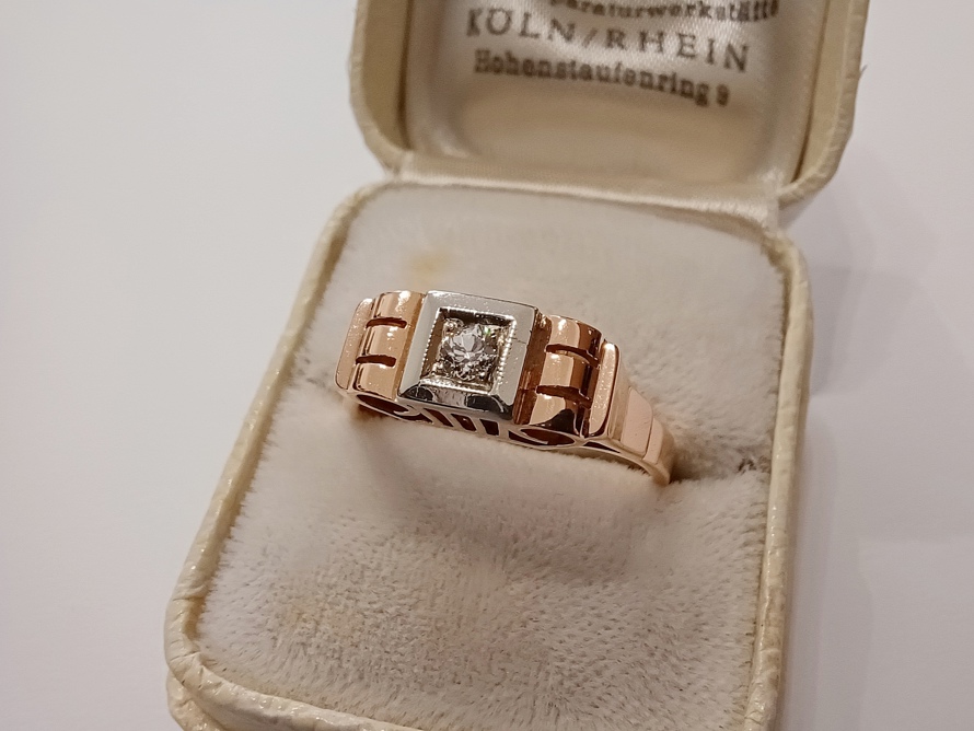 zlatý dámský prsten s diamantem, Art Deco, Au 585/1000, 14 kt, Vídeň