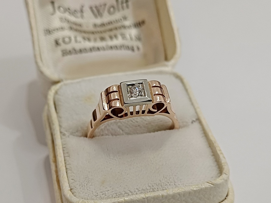 zlatý dámský prsten s diamantem, Art Deco, Au 585/1000, 14 kt, Vídeň
